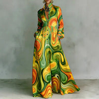 Robe longue boutonnée multicolore à motifs ondulés vert et orange, manches longues