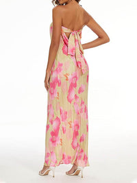 Robe longue sans bretelles, dos nu avec nœud et rubans rose sur beige