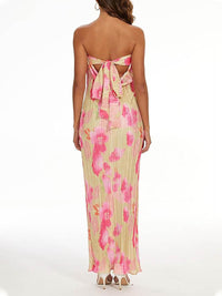 Robe longue à dos nu beige imprimé fleurs roses, rubans noués dans le dos