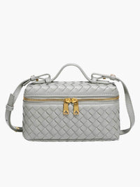 Mini sac à main boîte en cuir tressé gris clair, fermeture zippée, bandoulière