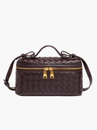 Sac à main mini boîte en cuir tressé bordeaux, bandoulière, fermeture zippée dorée.