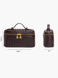 Mini sac boîte en cuir tressé marron foncé, zippé, anses, 20 x 11,5 x 7 cm