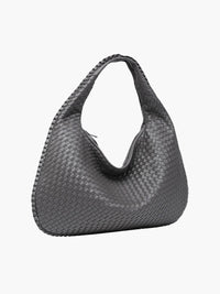 Sac cabas tressé gris, anses en boucle, tressage en motif régulier