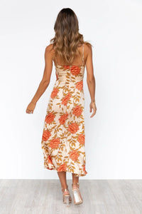 Robe midi à fleurs orange et blanc, vue de dos, bretelles fines
