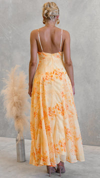 Robe longue évasée à bretelles fines, imprimé floral orange et blanc, vue de dos