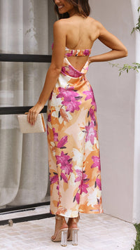 Robe midi bustier satin à fleurs multicolores, dos nu avec drapé croisé