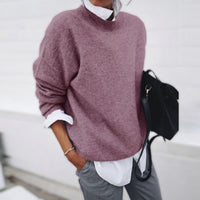 Pull en maille douce rose mauve à col rond, manches 3/4