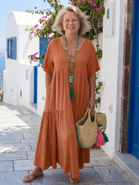 Robe longue orange à volants Zinnia, col en V, manches courtes