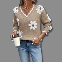 Pull col V beige à fleurs blanches, maille douce, poignets et encolure contrastés