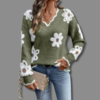 Pull vert à fleurs en relief blanches et cœurs marron, encolure V, manches longues, bord côtelé