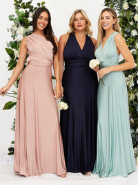 Robe longue de mariée rose, bleu marine et vert d’eau, drapés et taille ceinturée.