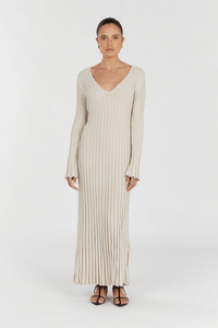 Robe midi en maille côtelée crème, encolure V, manches longues