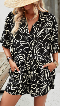 Ensemble d’été Malibu™ noir imprimé, chemise boutonnée et short assorti