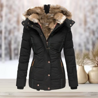 Veste d’hiver noire, capuche en fausse fourrure, fermeture boutonnée, poches sur les côtés.