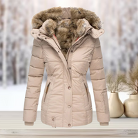 Veste d’hiver beige clair, capuche bordée de fausse fourrure, coupe droite, manches longues.