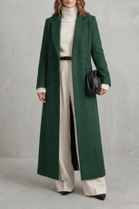 Manteau long en laine vert, col à revers, fermeture boutonnée, manches longues