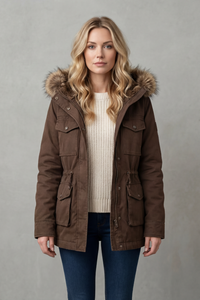 Parka à capuche fourrée marron avec col en fausse fourrure, fermée par boutons