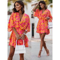 Robe courte à imprimé floral rose et orange, nœud à la taille, manches amples