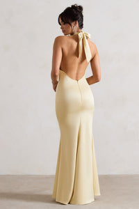 Robe longue satinée jaune pâle, dos nu avec nœud, coupe ajustée évasée.