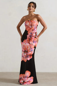 Robe longue Sofiane™ bandeau, motif floral rose et orange sur fond noir, coupe maxi