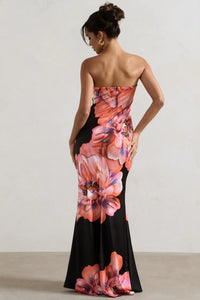 Robe longue Sofiane™ bandeau, dos nu, fleurs roses et orange sur fond noir