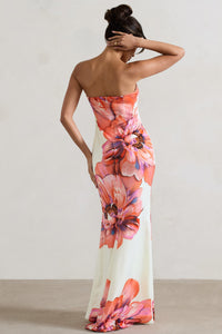 Robe longue Sofiane™ bandeau, dos nu, fleurs roses et orange sur fond clair