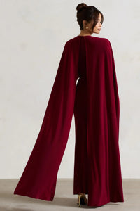 Robe longue rouge bordeaux, dos évasé avec grand pan volant, silhouette ample