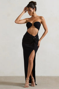 Robe longue bustier noire à nœud, décolleté bandeau et fente sur la jambe