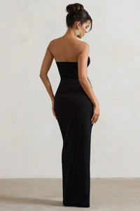 Robe longue bustier noire, vue de dos, coupe longue près du corps