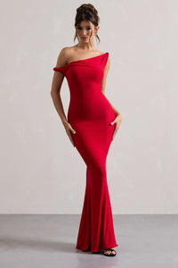 Robe longue rouge près du corps à encolure asymétrique, tissu lisse