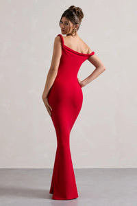 Robe longue rouge moulante à une épaule dénudée et décolleté asymétrique