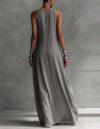Robe longue asymétrique sans manches grise, tombé ample fluide, encolure ronde