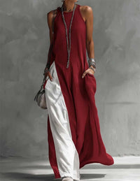 Robe longue asymétrique sans manches rouge bordeaux, encolure ronde, ample