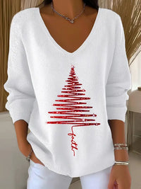 Pull blanc à encolure V, sapin de Noël rouge imprimé