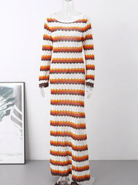 Robe longue en maille à rayures multicolores, manches longues et coupe droite