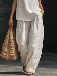 Ensemble faux lin blanc: top col V drapé sans manches et pantalon ample