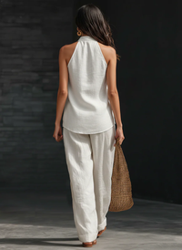Ensemble faux lin blanc: top col V dos nu et pantalon ample