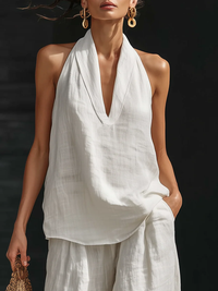 Ensemble faux lin blanc: top col V drapé sans manches et pantalon ample