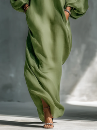 Robe longue fluide verte avec fente latérale, ourlet long, manches bouffantes