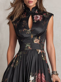 Robe midi noire en satin, encolure fendue avec lien, imprimé floral sur le buste