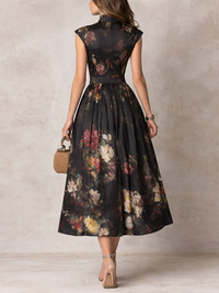 Robe midi noire sans manches, col montant, imprimé floral sur fond noir