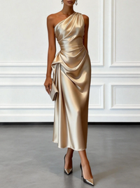 Robe midi satinée champagne à col asymétrique, drapée sur l’avant