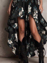 Bas de robe longue noire à fleurs, double volants, fentes, tissu fluide