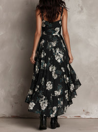 Robe longue noire imprimé floral, dos avec bretelles, jupe plissée à volants