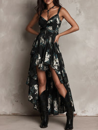 Robe longue noire imprimé floral bohème, corsage cintré froncé, jupe asymétrique