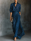 Cielo - Robe longue drapée bleu profond