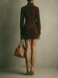 Mini-robe en daim marron vue de dos, manches longues, couture centrale, longueur mini.