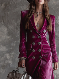 Robe blazer en velours bordeaux, manches longues, boutons décoratifs ronds.