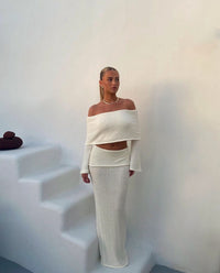 Ensemble long blanc : haut bardot tombant et jupe longue assortie, vue de face