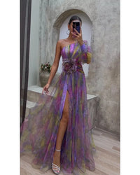 Robe longue asymétrique lila et multicolore, bustier avec nœud, fente